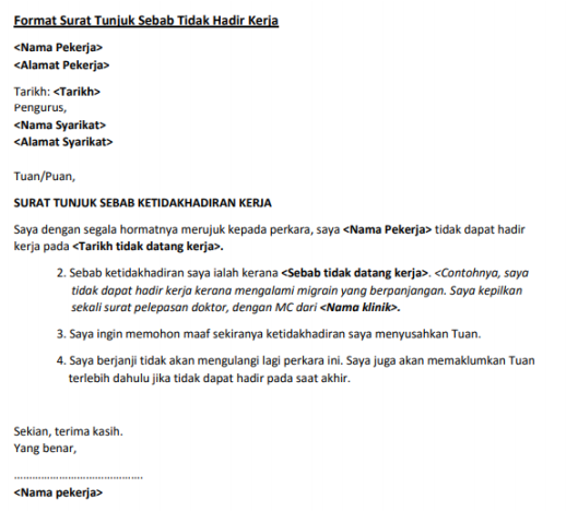Contoh Surat Tunjuk Sebab Tak Hadir Kerja, Lewat Ke Tempat Kerja & Lain-lain