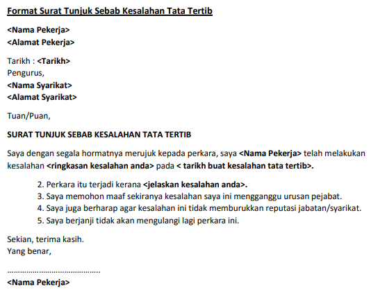 Contoh Surat Tunjuk Sebab Tak Hadir Kerja, Lewat Ke Tempat Kerja & Lain-lain
