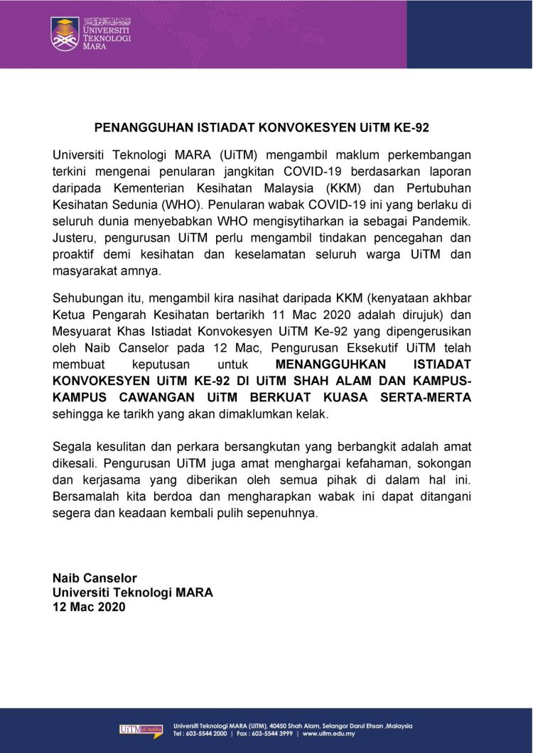 Covid-19: UiTM Kini Tangguh Istiadat Konvokesyen Kali Ke-92 Di Seluruh Kampus