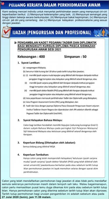 Iklan Jawatan Kosong Perkhidmatan Awam (JPA) Pegawai PTD Ambilan 2020