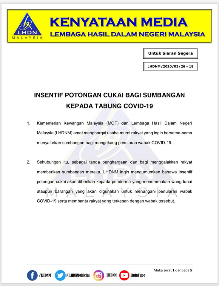 Insentif Potongan Cukai Bagi Sumbangan Kepada Tabung COVID-19. Ambil Peluang Ini Untuk Pelepasan Cukai