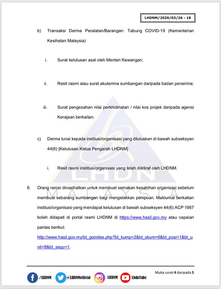 Insentif Potongan Cukai Bagi Sumbangan Kepada Tabung COVID-19. Ambil Peluang Ini Untuk Pelepasan Cukai