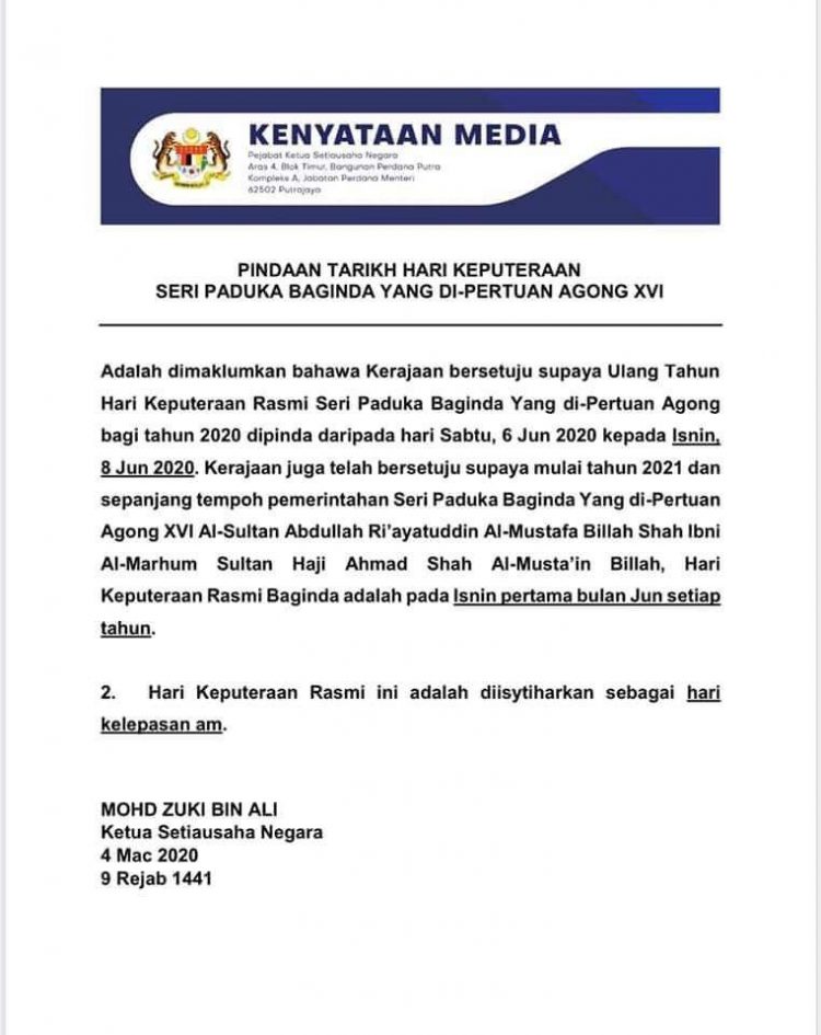 Rasmi 8 Jun 2020 Merupakan Hari Cuti Kelepasan AM, Diistiharkan Hari Ulang Tahun Keputeraan Agong