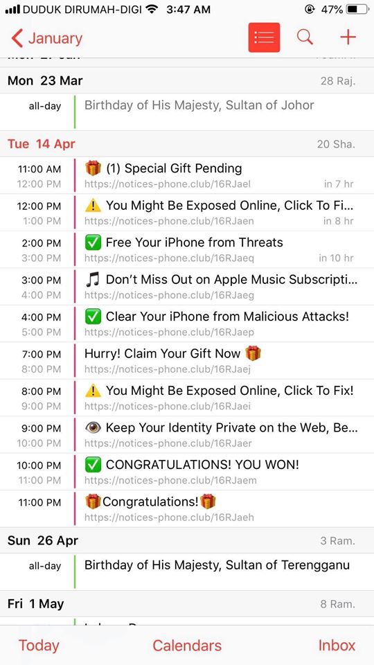 Awas Pengguna iPhone! Jangan Klik Notification Calendar Begini Jika Tak Nak Wang Dalam Akaun Bank Anda Hilang