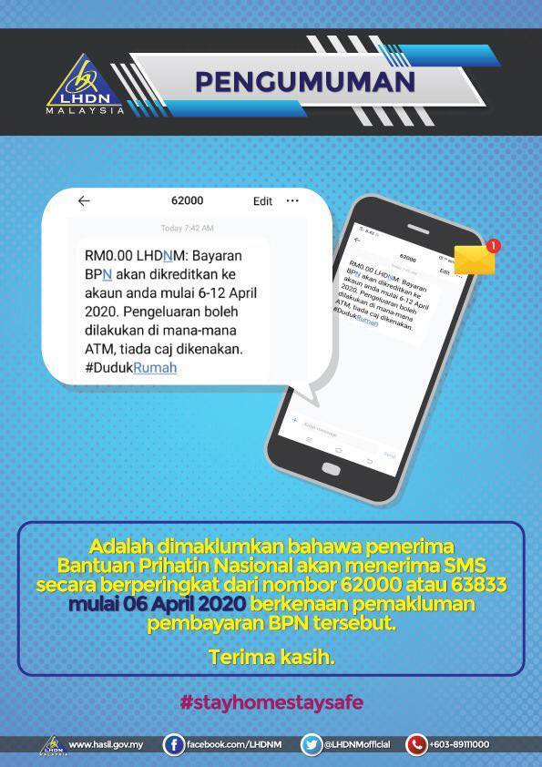 Penerima BPN Hasil Akan Terima SMS Beperingkat Dari 62000 dan 63833 Mengenai Pembayaran BPN Bermula 6 April