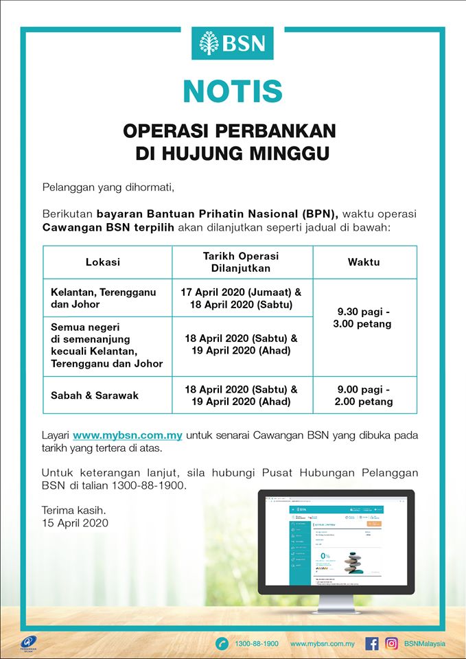 Senarai Waktu Operasi Pembayaran BPN di BSN Terpilih Hujung Minggu Dilanjutkan