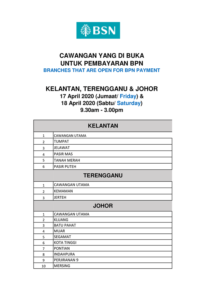 Senarai Waktu Operasi Pembayaran BPN di BSN Terpilih Hujung Minggu Dilanjutkan