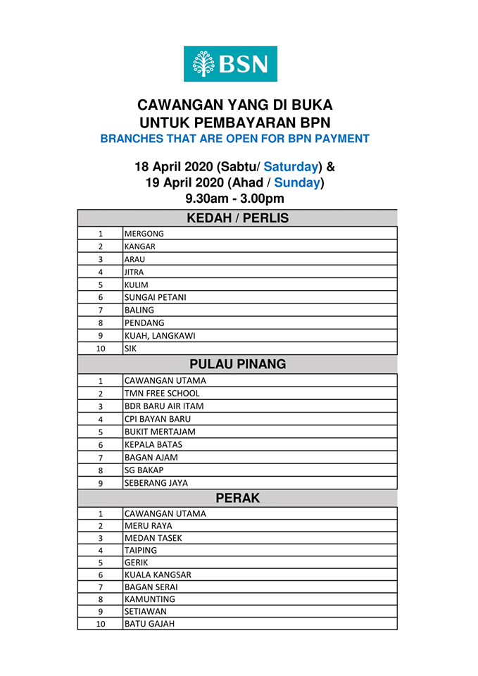 Senarai Waktu Operasi Pembayaran BPN di BSN Terpilih Hujung Minggu Dilanjutkan