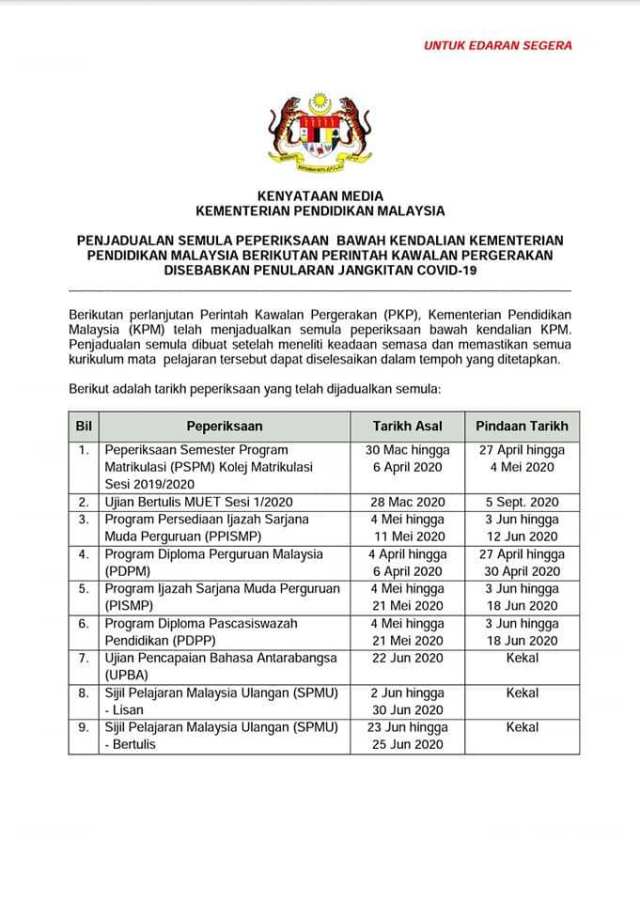 Tarikh Peperiksaan Pindaan 2020 SPM, UPSR, PT3, PAV, STAM