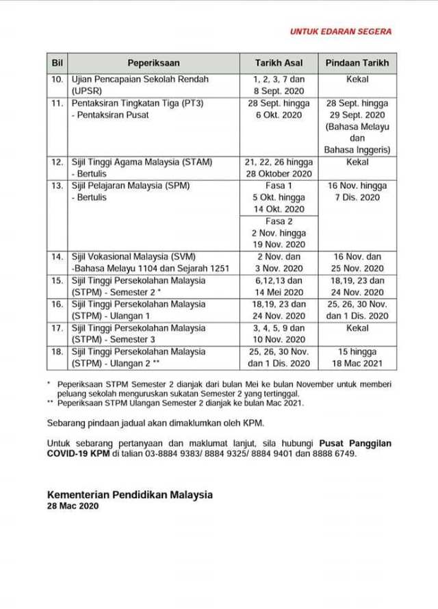 Tarikh Peperiksaan Pindaan 2020 SPM, UPSR, PT3, PAV, STAM