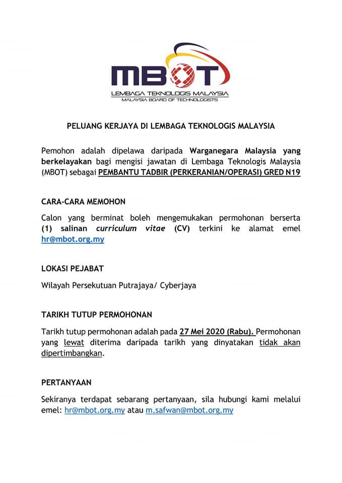 Iklan Jawatan Kosong Pembantu Tadbir Di Lembaga Teknologis Malaysia (MBOT)