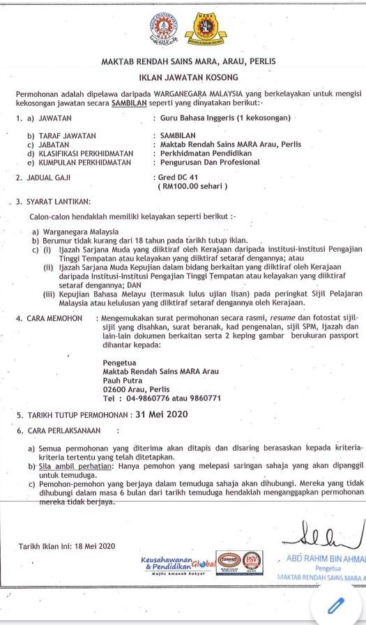 Permohonan Jawatan Kosong Guru Sambilan MRSM / Maktab Rendah Sains MARA