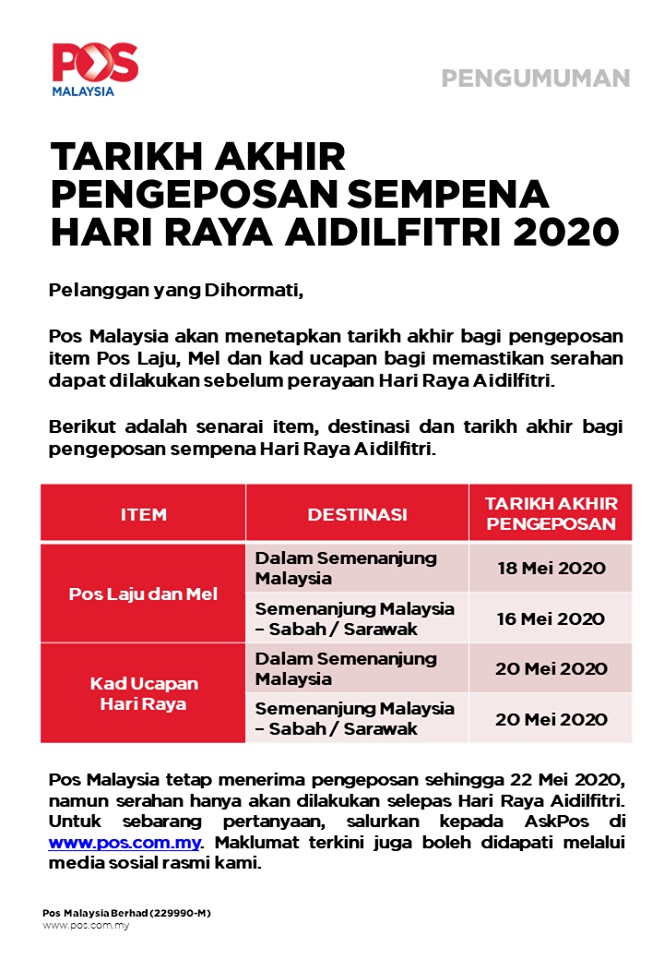 Pos Malaysia: Tarikh Akhir Pengeposan Pos Laju Sempena Aidilfitri 2020 