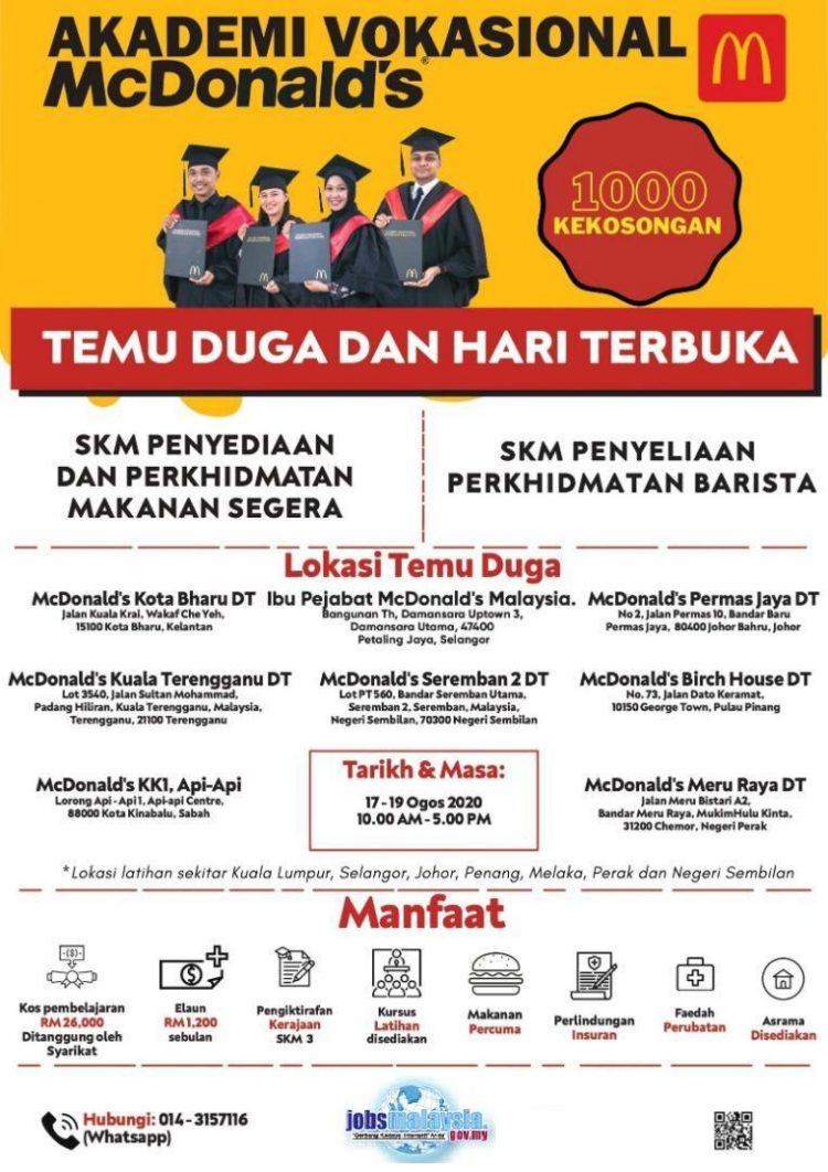 Kemasukan Akademi Vokasional McDonalds. Tajaan Penuh & Terima Elaun RM1,200 Sebulan