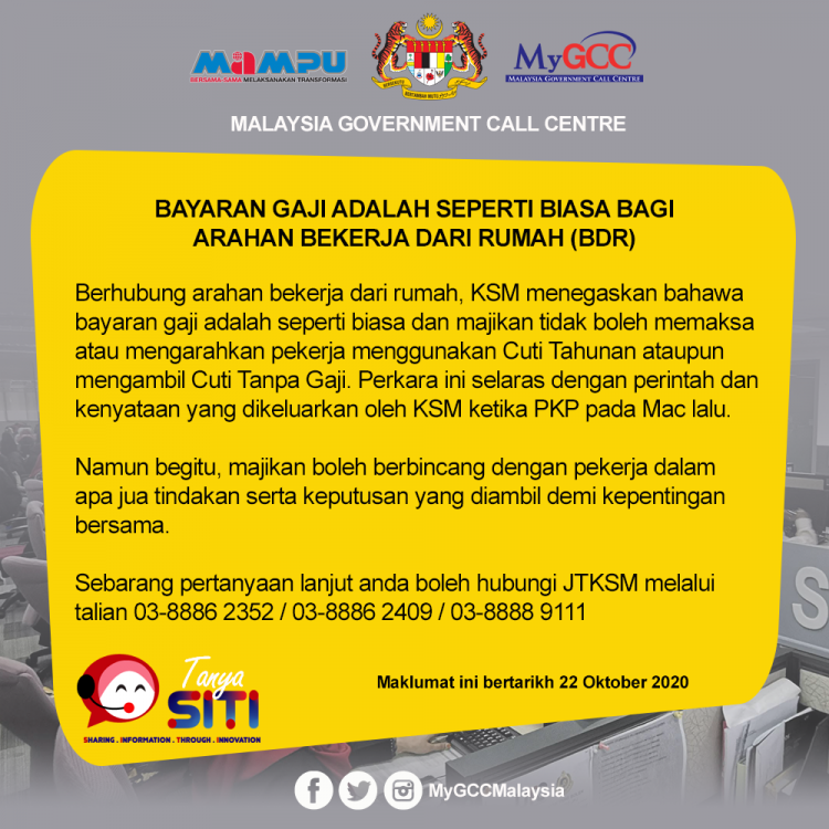 Bayaran Gaji Adalah Seperti Biasa Bagi Arahan Bekerja Dari Rumah (BDR)