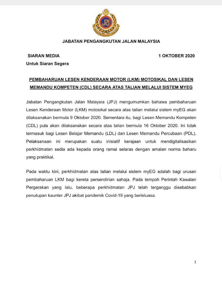 Renew Lesen Secara Online Bermula 16 Oktober1