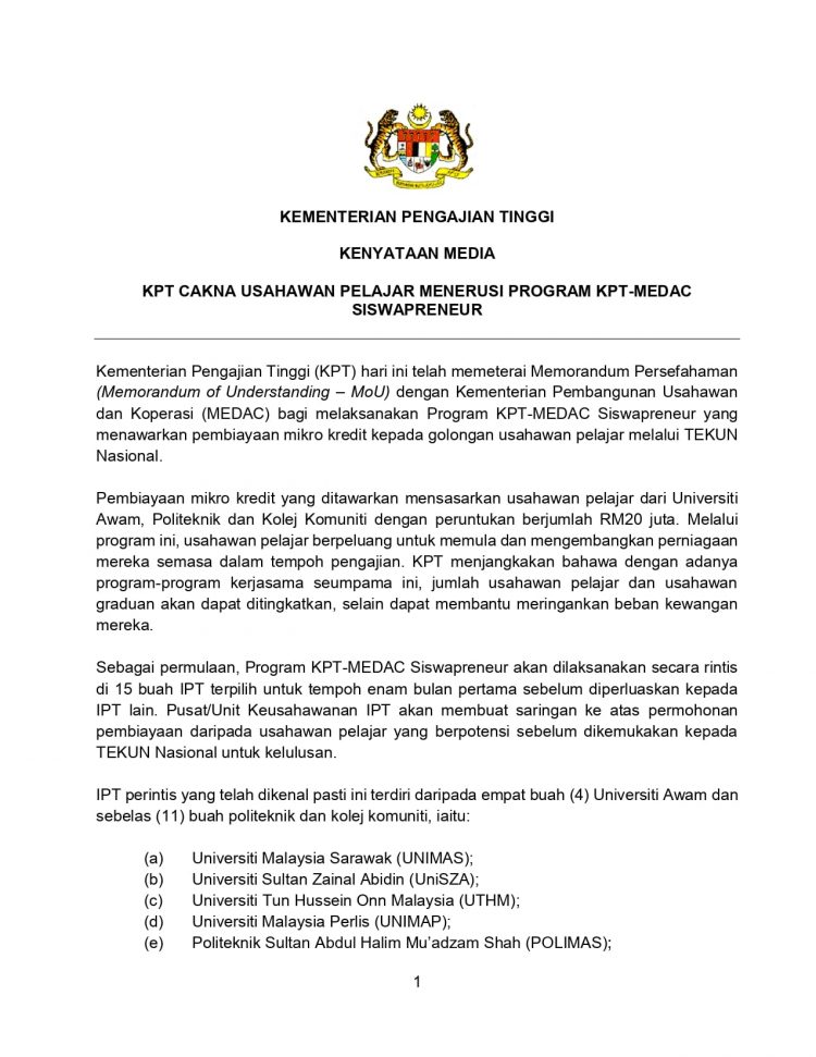 KPT MEDAC Siswapreneur: Pembiayaan Perniagaan Untuk Mahasiswa IPT