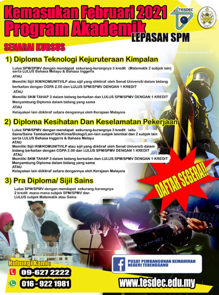Tawaran Program Akademik TESDEC Ambilan Januari 2021 Dibuka Buat Lepasan SPM