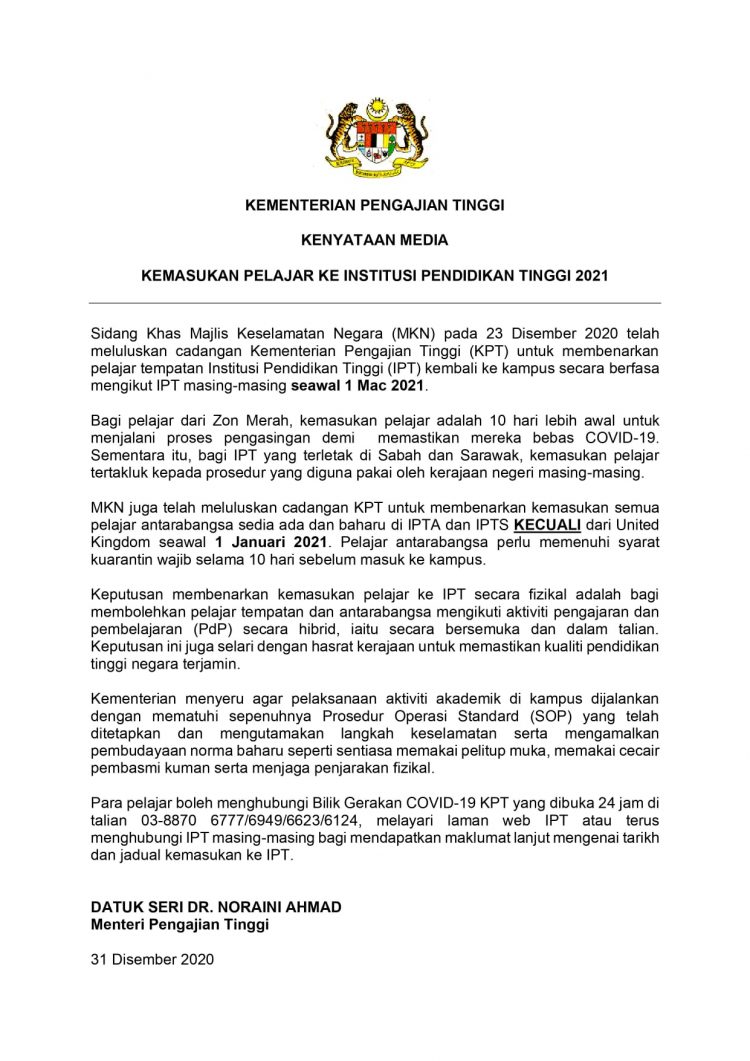 [Rasmi] KPT Telah Umumkan Tarikh Kemasukan Pelajar Ke IPT Tahun 2021