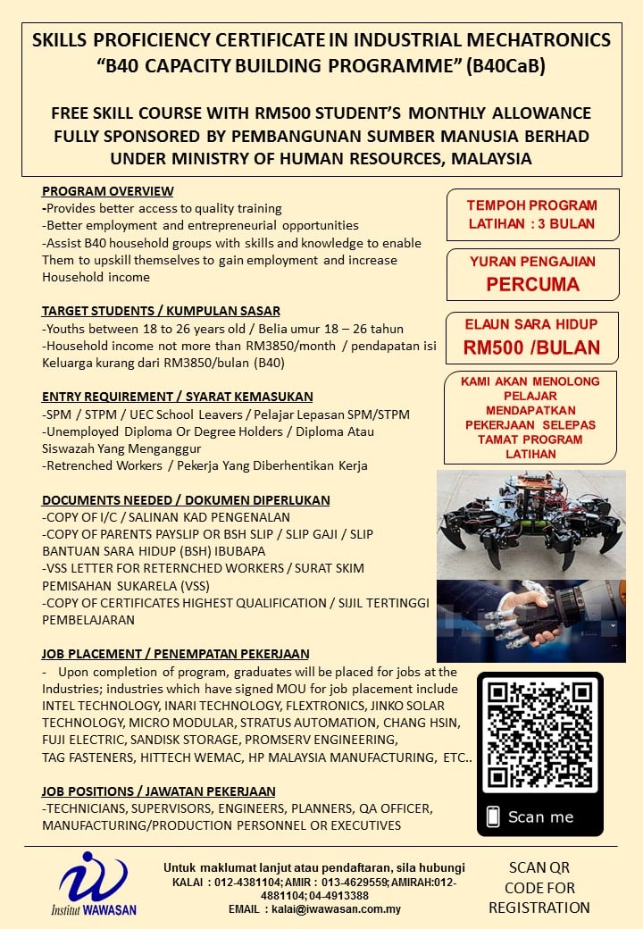 B40 Capacity Building: Tawaran Program Kemahiran Buat Penganggur. Elaun Bulanan RM500 & Peluang Kerja Disediakan