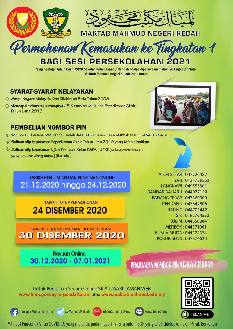 Permohonan Kemasukan Ke Tingkatan 1 Maktab Mahmud Kedah Sesi Persekolahan 2021