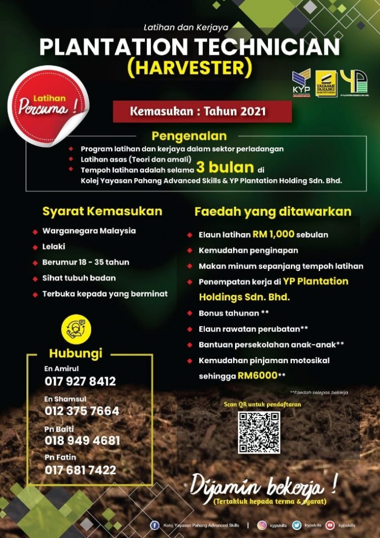Program Latihan "Plantation Technician" Percuma. Jaminan Kerjaya & Elaun Latihan RM1000 Diberi