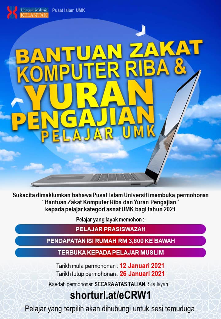 Permohonan Bantuan Zakat Komputer Riba & Yuran Pengajian Pelajar UMK Kini Dibuka