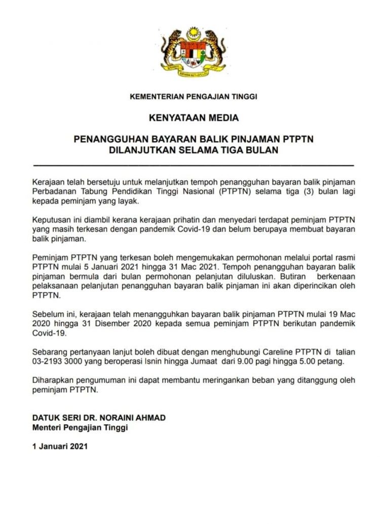 Penangguhan Bayaran Balik Pinjaman PTPTN Dilanjutkan Selama 3 Bulan