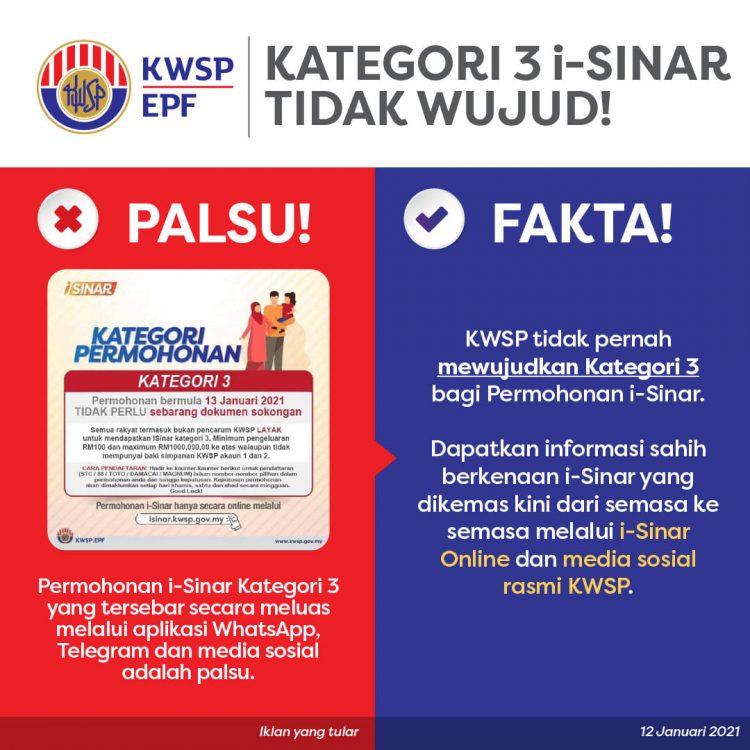 Permohonan i-Sinar Kategori 3 Tidak Wujud. Ahli KWSP Diminta Berwaspada