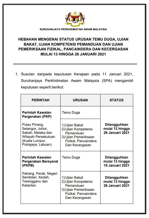 Status Urusan Terikini Temu Duga & Ujian SPA Mulai 13 Hingga 26 Januari 2021