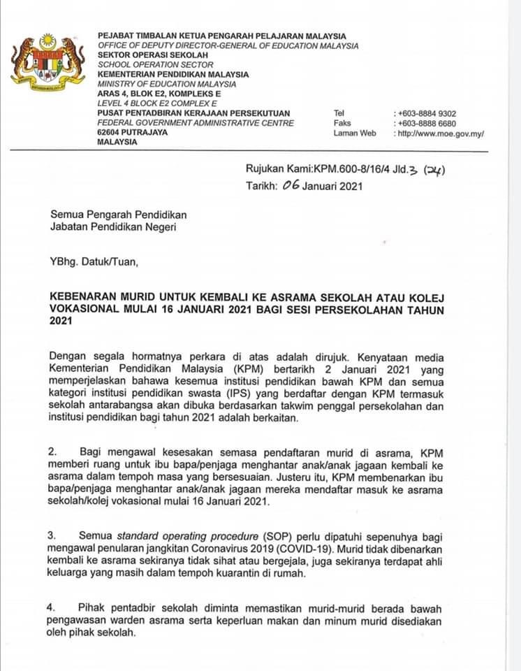 Tarikh Kemasukan Pelajar Ke Asrama Sekolah Tahun 2021