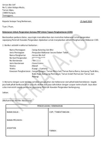 Download Surat Kebenaran COD Untuk Peniaga / Penghantar Makanan Sepanjang PKP