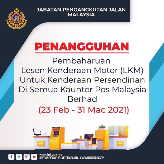 Urusan Pembaharuan Lesen Kenderaan Di Pejabat Pos Dihentikan Sehingga Mac 2021