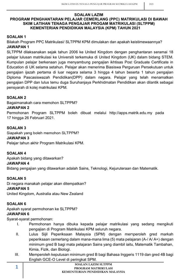 Permohonan Skim Latihan Tenaga Pengajar Program Matrikulasi KPM 2021 Kini Dibuka