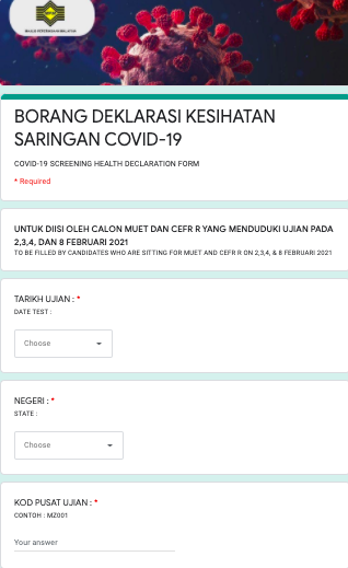 Calon MUET & CEFR R Diminta Isi Borang Deklarasi Kesihatan Covid-19 Di Sini