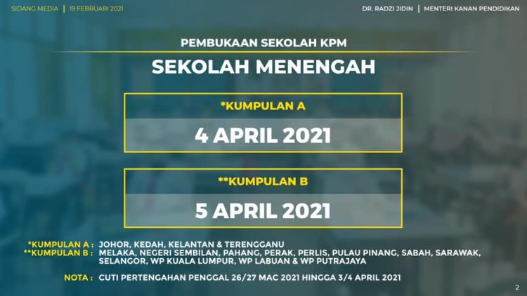 Tarikh Rasmi Pembukaan Sekolah Rendah & Menengah KPM Tahun 2021