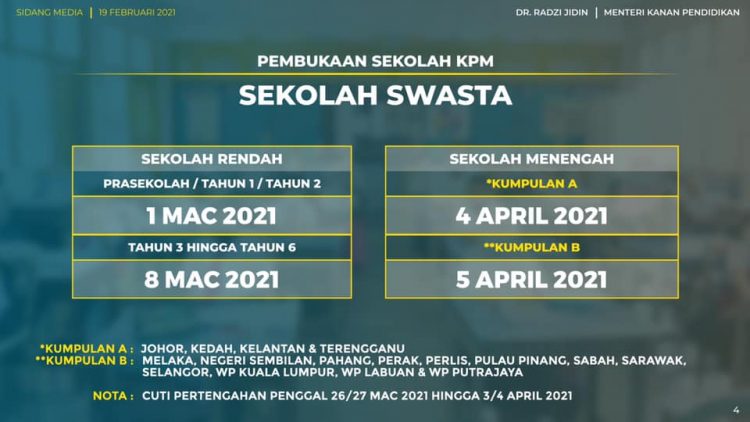 Tarikh Rasmi Pembukaan Sekolah Rendah & Menengah KPM Tahun 2021