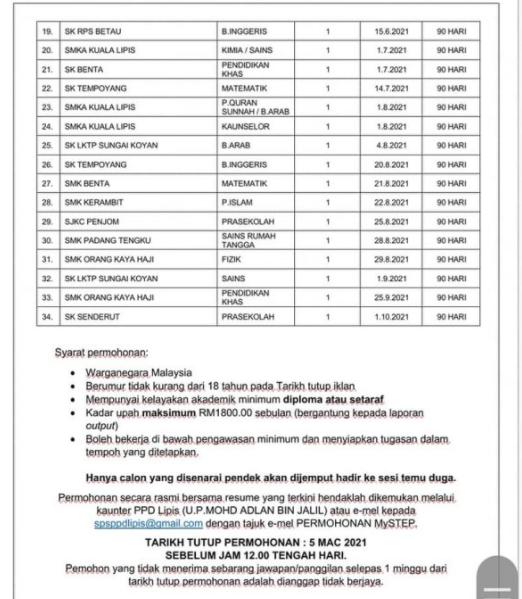 Tawaran Jawatan Guru Ganti Di 34 Sekolah KPM. Mohon Guna Kelayakan STPM_Diploma