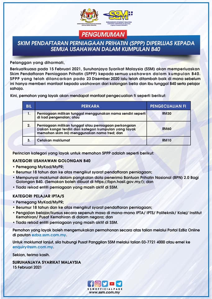 Skim Pendaftaran Perniagaan Prihatin: Daftar SSM Percuma Buat Semua Usahawan B40