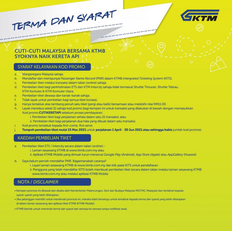 Diskaun RM10 Tiket ETS Perjalanan April Hingga Jun 2021. Boleh Mula Beli Sekarang