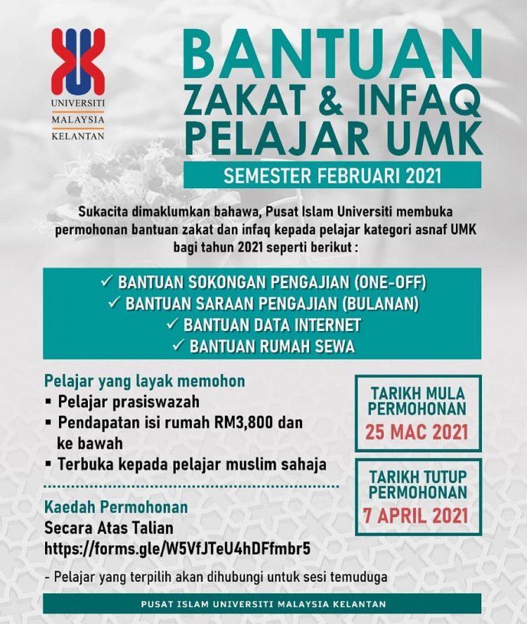 Permohonan Bantuan Sokongan Pengajian Pelajar UMK Secara One-off & Bulanan