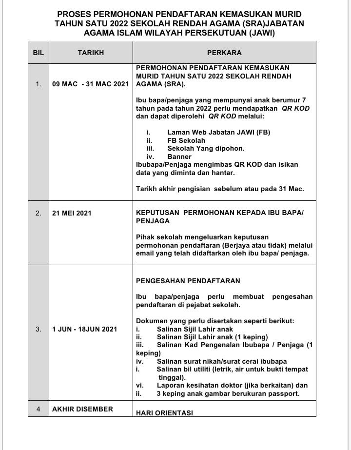 Pendaftaran Murid Tahun 1 Sekolah Rendah Agama JAWI Sesi 2022 Dibuk