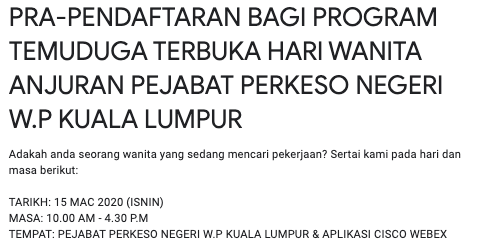 Temuduga Terbuka Perkeso Buat Pencari Kerja Wanita. Daftar Sekarang