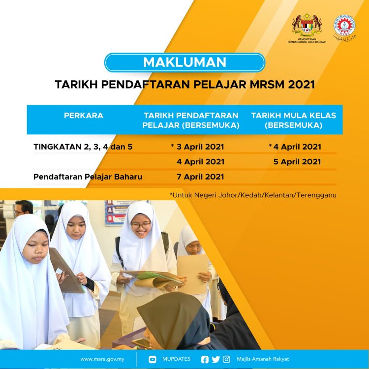Tarikh Rasmi Pendaftaran Pelajar Ke MRSM Sesi 2021