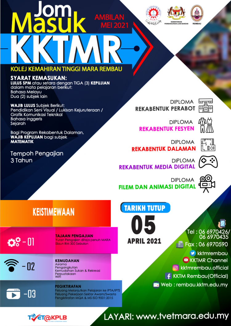 Tawaran Kemasukan Program Diploma Kolej Kemahiran Tinggi MARA Rembau Ambilan Mei 2021
