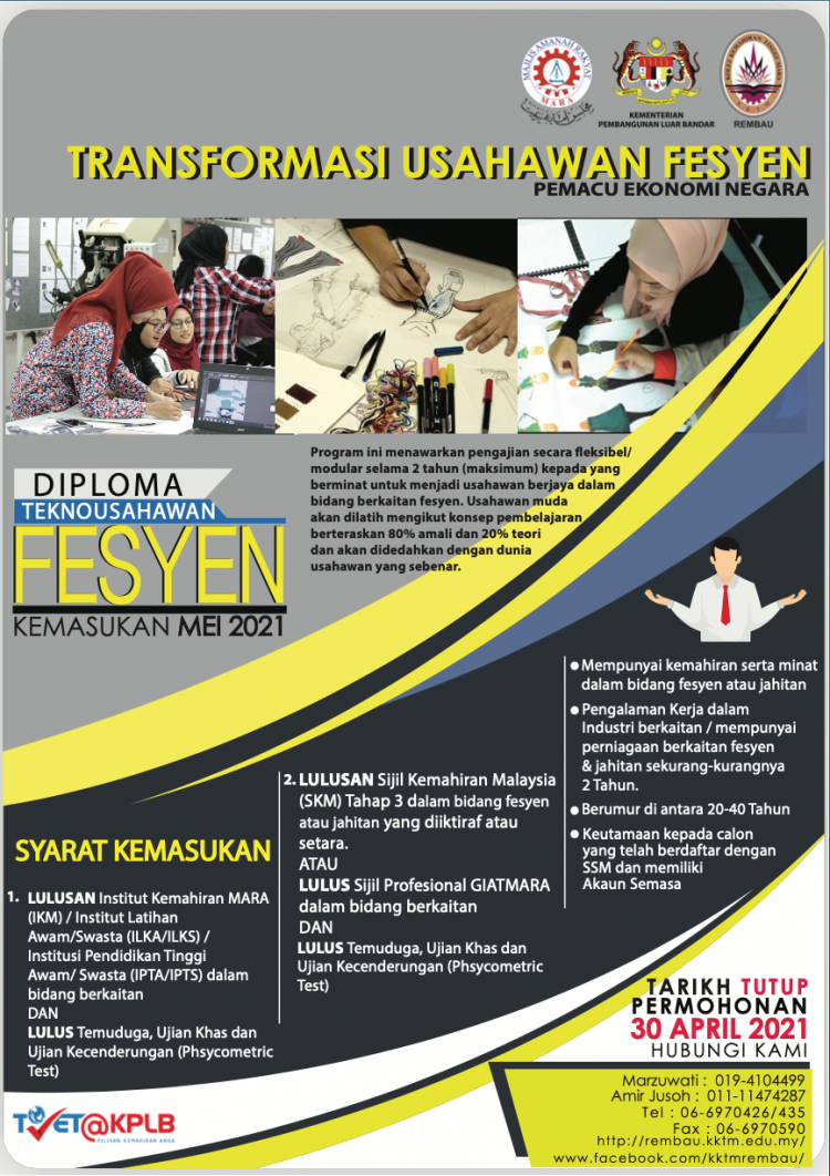 Tawaran Kemasukan Program Diploma Kolej Kemahiran Tinggi MARA Rembau Ambilan Mei 2021