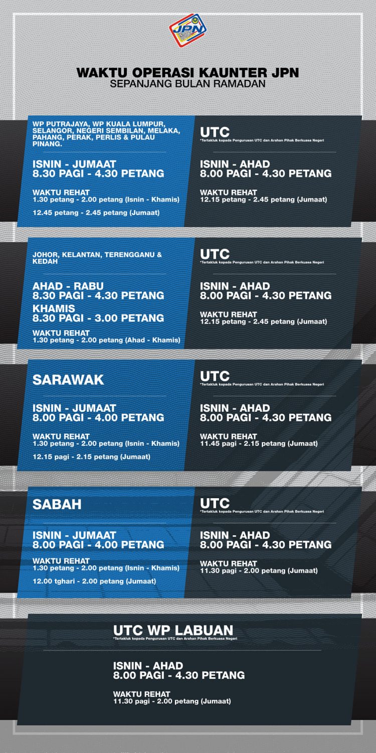 Waktu Operasi Kaunter JPN Sepanjang Bulan Ramadan Tahun 2021/ 1442H