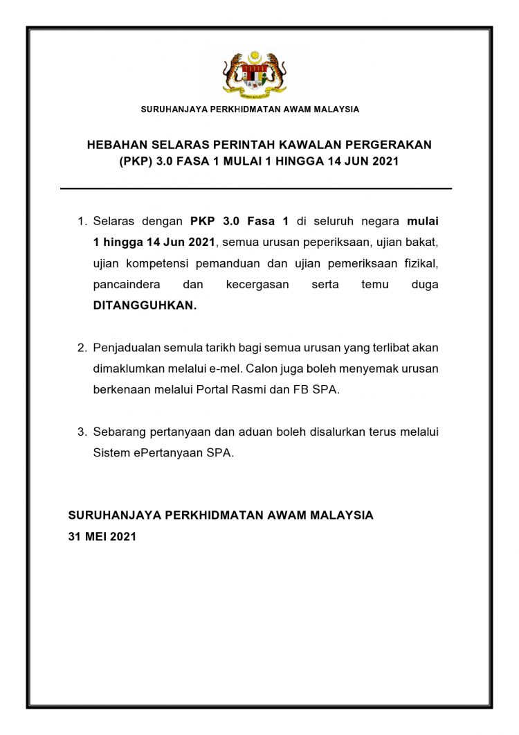 Semua Urusan Peperiksaan Online dan Ujian SPA Ditangguhkan  Sepanjang Tempoh Lockdown