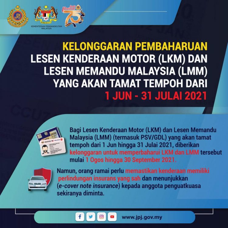 Kelonggaran Perbaharui Lesen Memandu Yang Tamat Tempoh Dari 1 Jun - 31 Julai 2021