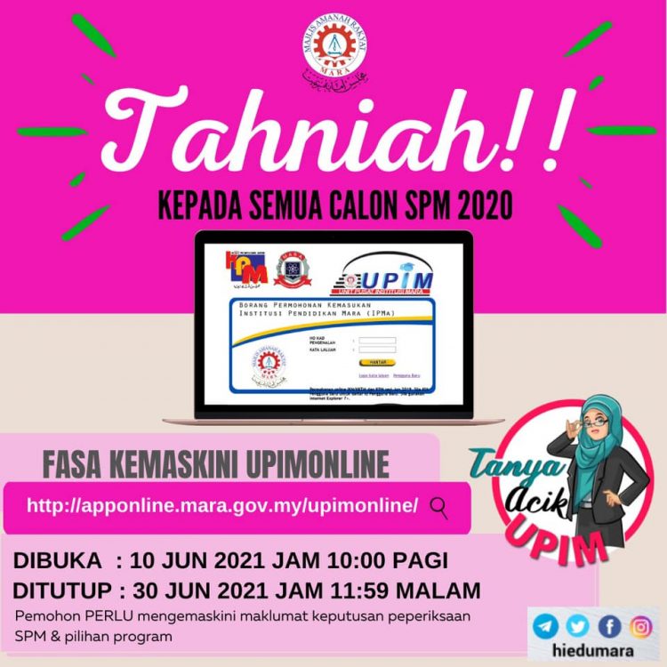 Fasa Kemaskini UPIMOnline Kemasukan Ke Institusi MARA Lepasan SPM Kini Dibuka 